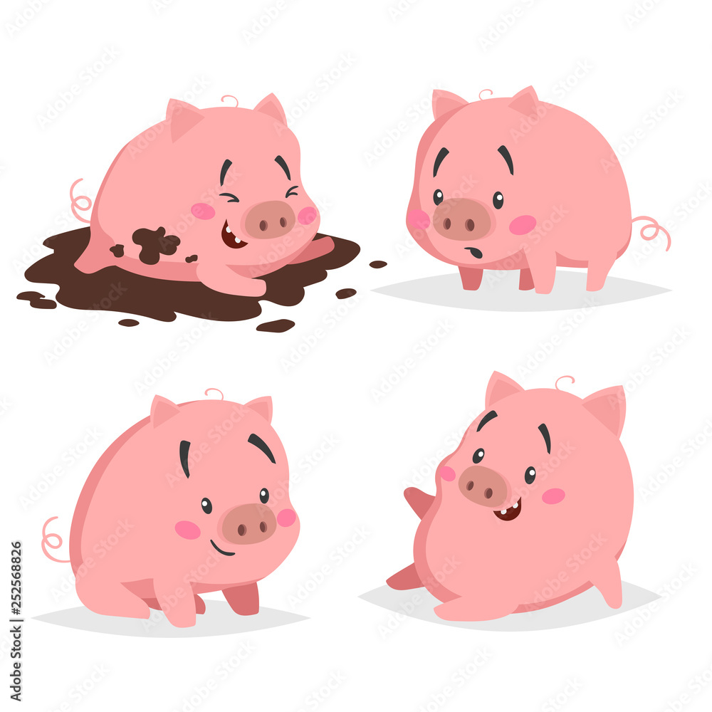 Cute piglets set. Little pig in puddle, surprised, sitting and relaxing. Cartoon flat design farm animals collection. Vector illustration for education or other needs isolated on white background. Cute piglets set. Little pig in puddle, surprised, sitting and relaxing. Cartoon flat design farm animals collection. Vector illustration for education or other needs isolated on white background.