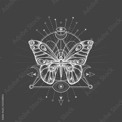 Vector illustration with hand drawn butterfly and Sacred geometric symbol on black background. Abstract mystic sign.