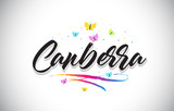 Canberra Handwritten Vector Word Text with Butterflies and Colorful Swoosh.