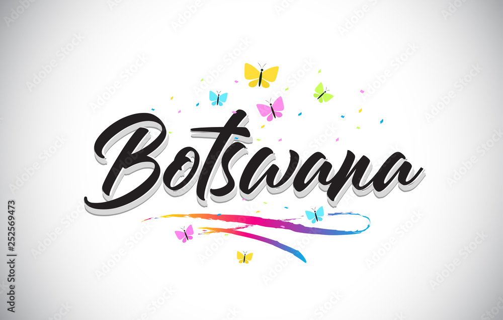 Botswana Handwritten Vector Word Text with Butterflies and Colorful Swoosh.