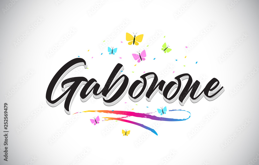 Gaborone Handwritten Vector Word Text with Butterflies and Colorful Swoosh.