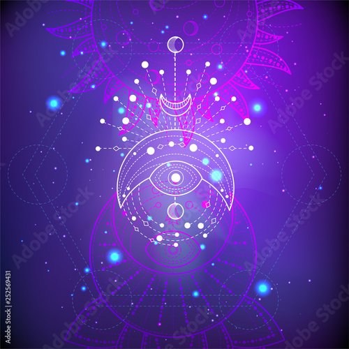Vector illustration of Sacred or mystic symbol on abstract background. Geometric sign drawn in lines. Purple and pink color.