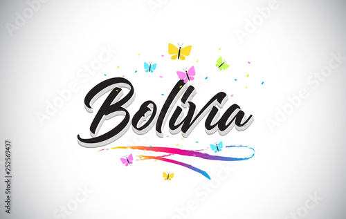 Bolivia  Handwritten Vector Word Text with Butterflies and Colorful Swoosh.