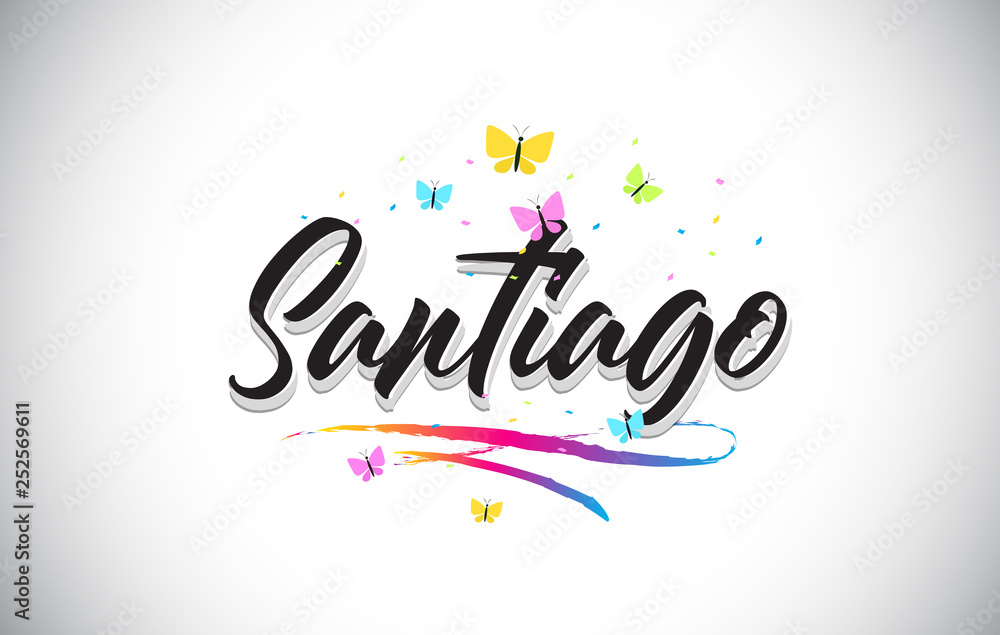 Santiago Handwritten Vector Word Text with Butterflies and Colorful Swoosh.