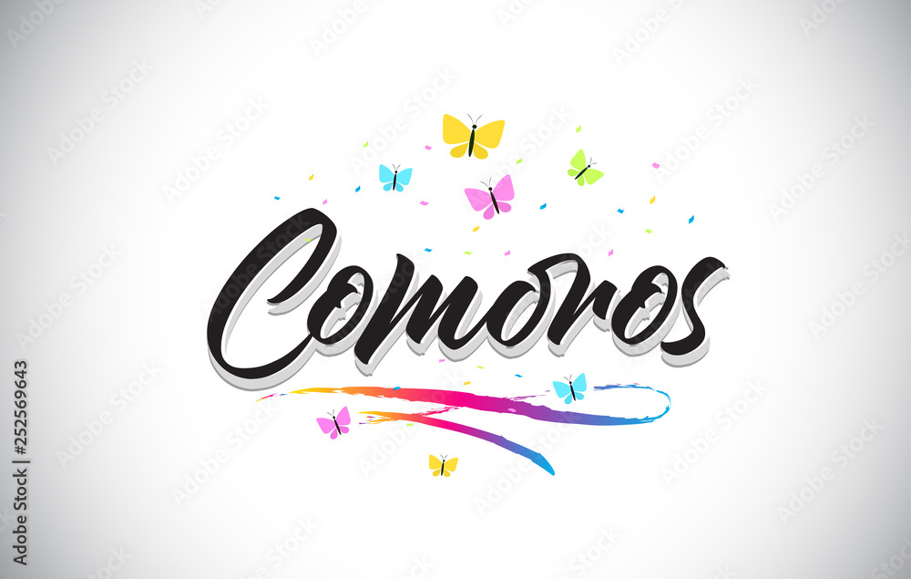 Comoros Handwritten Vector Word Text with Butterflies and Colorful Swoosh.