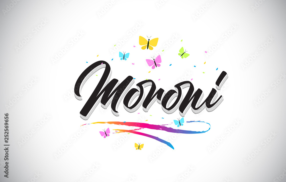 Moroni Handwritten Vector Word Text with Butterflies and Colorful Swoosh.
