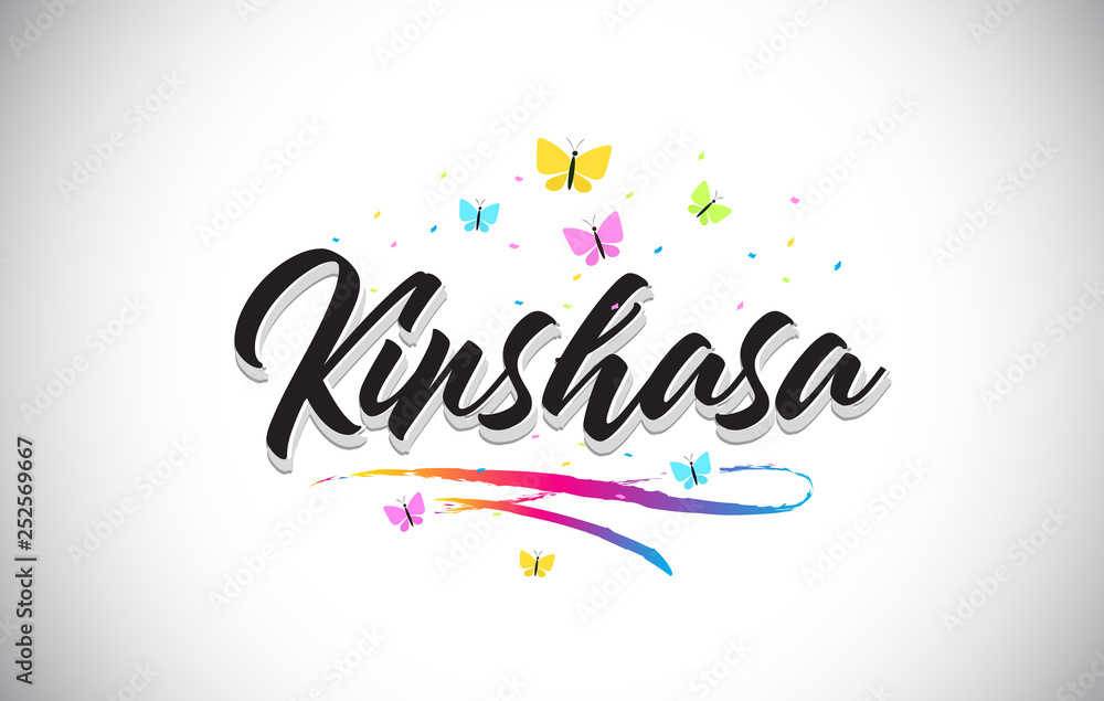 Kinshasa Handwritten Vector Word Text with Butterflies and Colorful Swoosh.