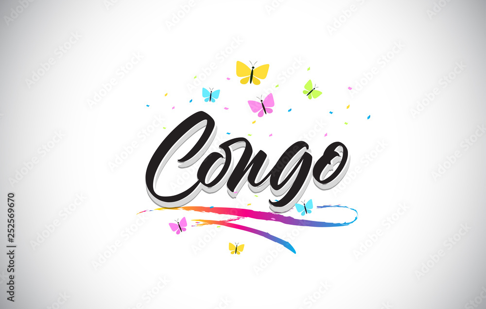 Congo Handwritten Vector Word Text with Butterflies and Colorful Swoosh.