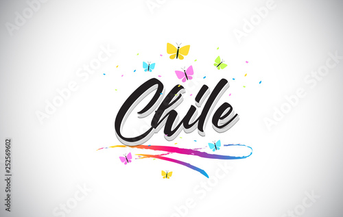 Chile Handwritten Vector Word Text with Butterflies and Colorful Swoosh.