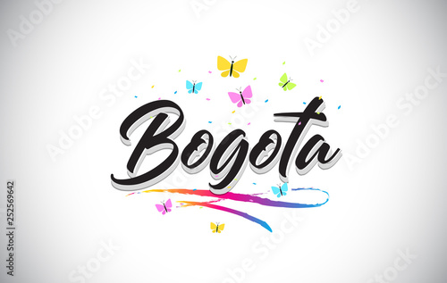 Bogota Handwritten Vector Word Text with Butterflies and Colorful Swoosh.