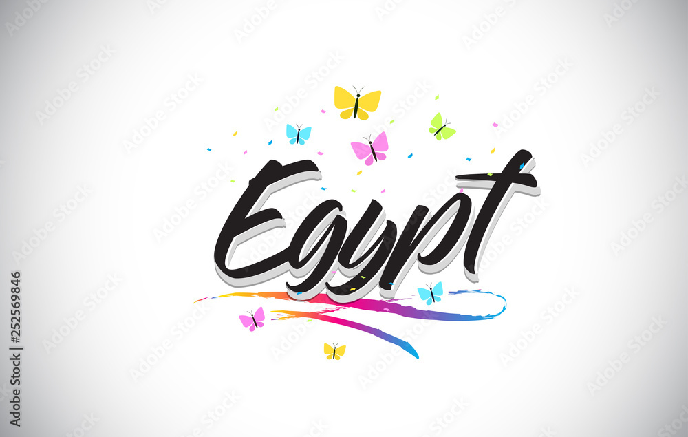 Plakat Egypt Handwritten Vector Word Text with Butterflies and Colorful Swoosh.