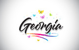 Georgia Handwritten Vector Word Text with Butterflies and Colorful Swoosh.