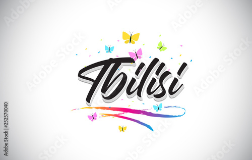 Tbilisi Handwritten Vector Word Text with Butterflies and Colorful Swoosh.