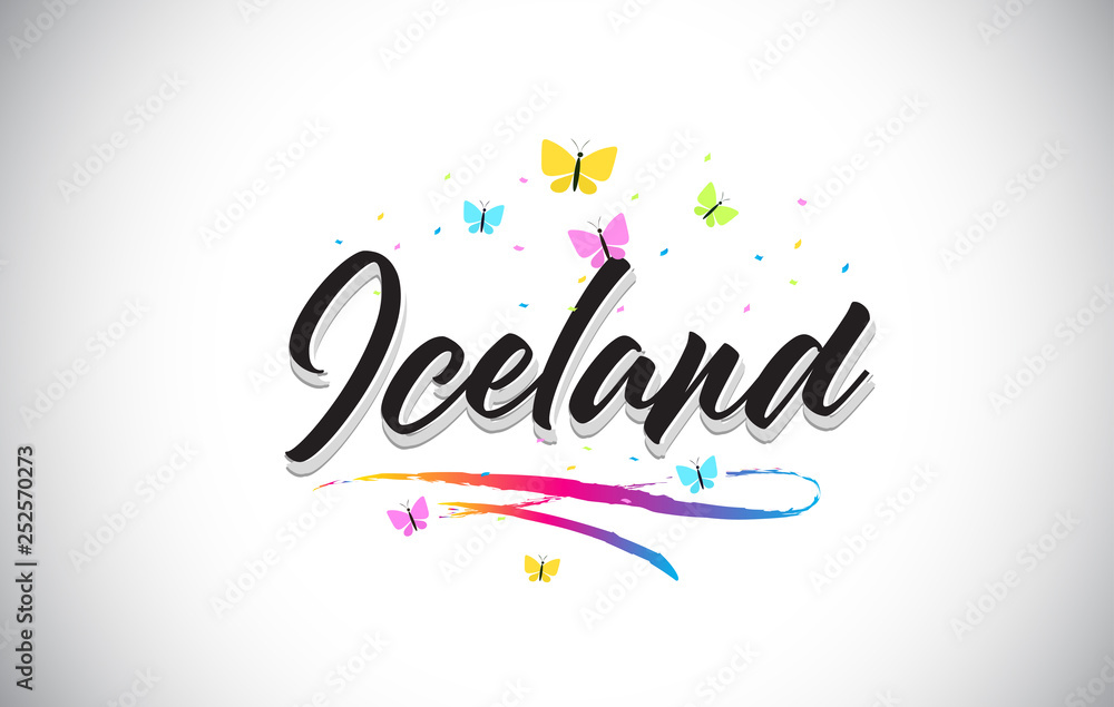 Iceland Handwritten Vector Word Text with Butterflies and Colorful Swoosh.