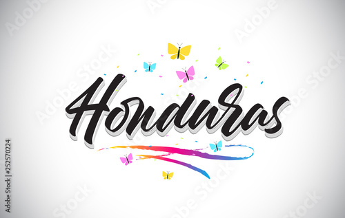 Honduras Handwritten Vector Word Text with Butterflies and Colorful Swoosh.