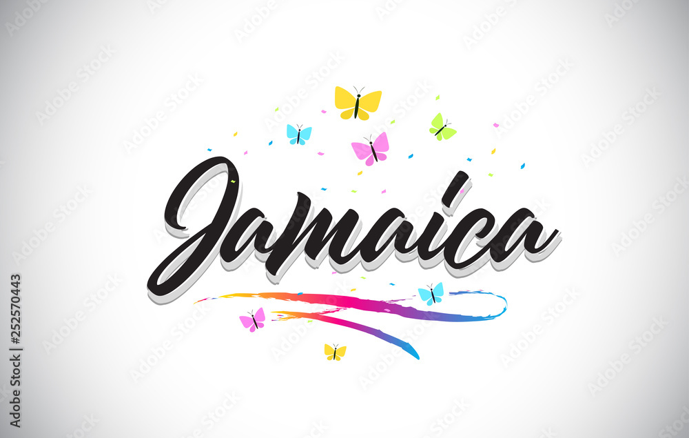 Jamaica Handwritten Vector Word Text with Butterflies and Colorful Swoosh.