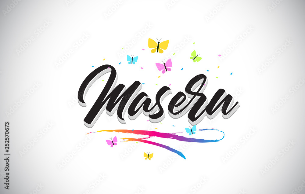 Maseru Handwritten Vector Word Text with Butterflies and Colorful Swoosh.
