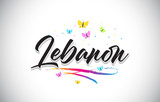 Lebanon Handwritten Vector Word Text with Butterflies and Colorful Swoosh.