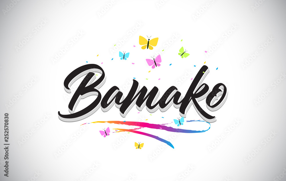 Bamako Handwritten Vector Word Text with Butterflies and Colorful Swoosh.