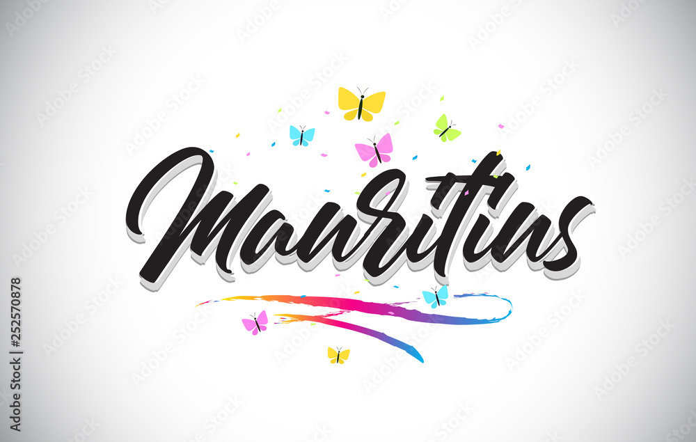Mauritius Handwritten Vector Word Text with Butterflies and Colorful Swoosh.