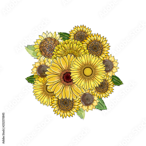 round bouquet. Vector floral round element from hand-drawn yellow sunflowers, gerbera and leaves on white background For cards, invitations, celebrations. Circle summer bouquet