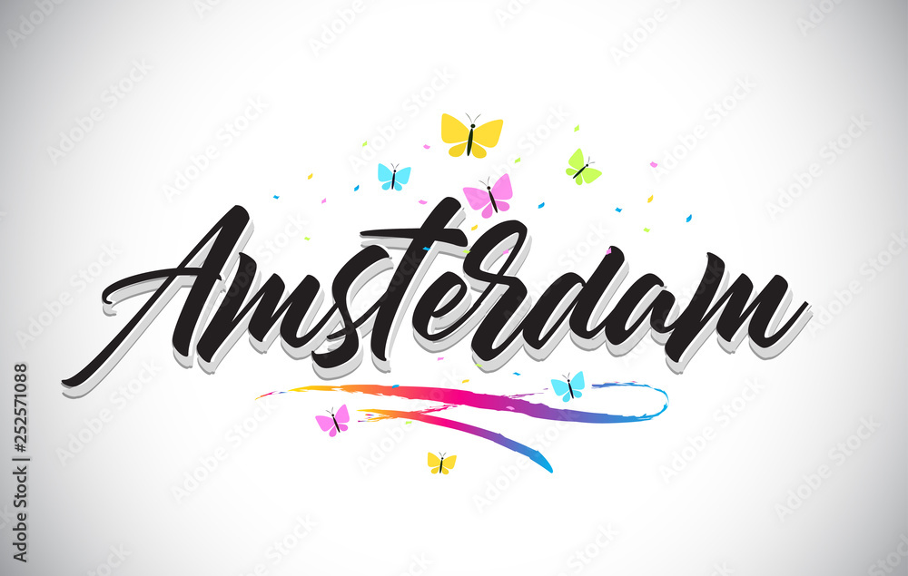 Amsterdam Handwritten Vector Word Text with Butterflies and Colorful Swoosh.