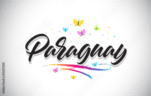 Paraguay Handwritten Vector Word Text with Butterflies and Colorful Swoosh.