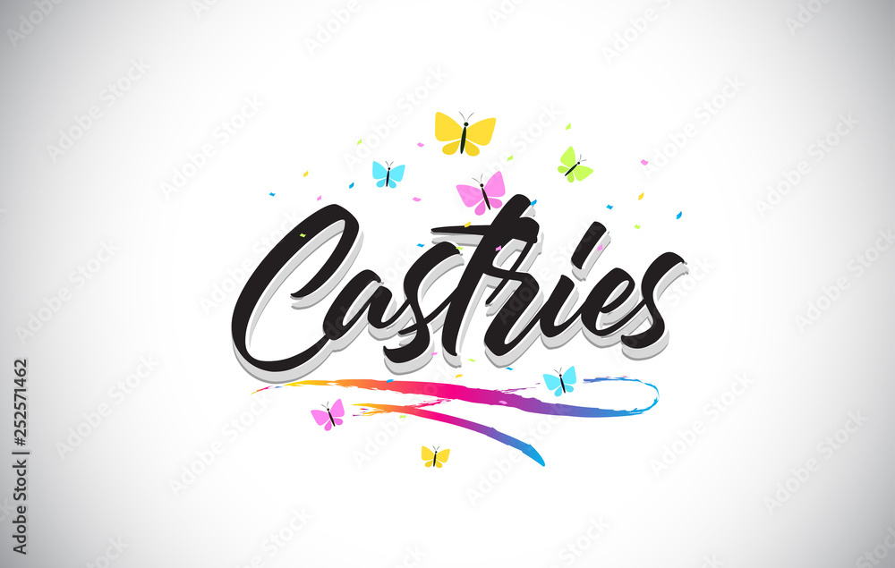Castries Handwritten Vector Word Text with Butterflies and Colorful Swoosh.