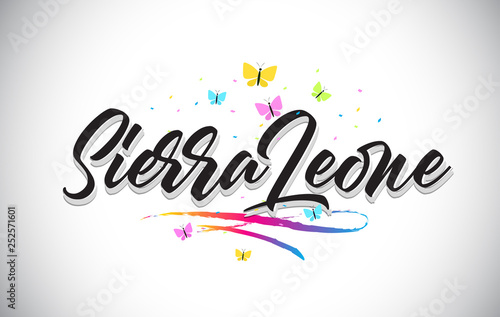 SierraLeone Handwritten Vector Word Text with Butterflies and Colorful Swoosh.