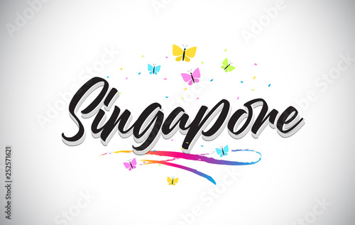 Singapore Handwritten Vector Word Text with Butterflies and Colorful Swoosh.