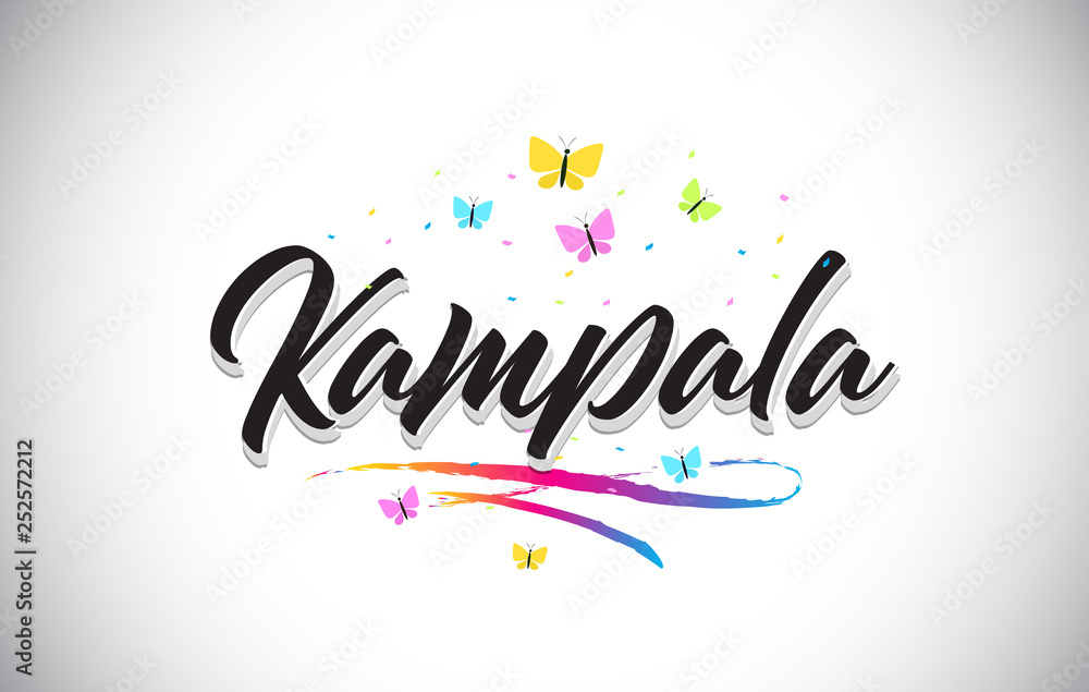 Kampala Handwritten Vector Word Text with Butterflies and Colorful Swoosh.