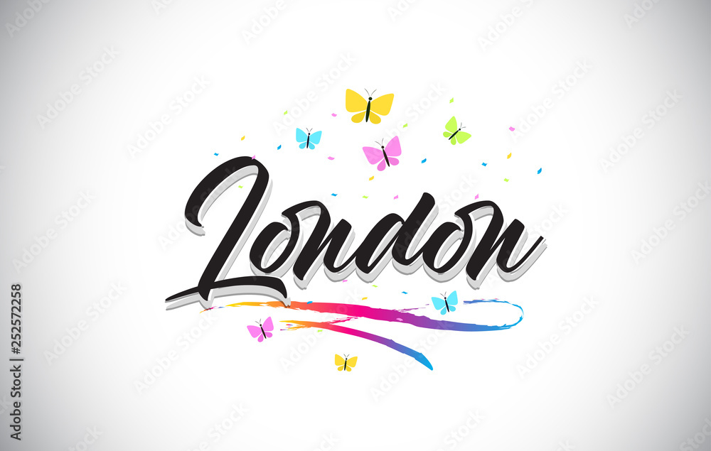 London Handwritten Vector Word Text with Butterflies and Colorful Swoosh.