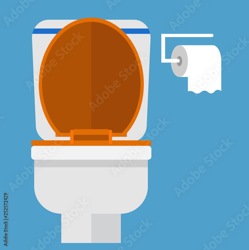 Toilet bowl with toilet paper roll. Simple flat cartoon vector illustration.