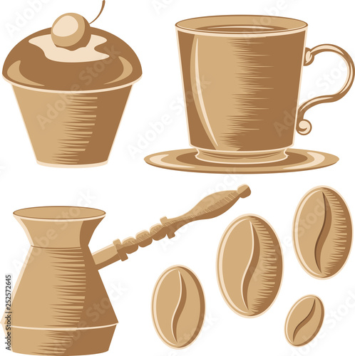 Coffee set: mug, cupcake, Turk and coffee beans on white isolated background. Vector illustration.