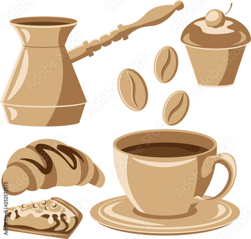 Coffee set: mug, cupcake, Turk and coffee beans on white isolated background. Vector illustration.