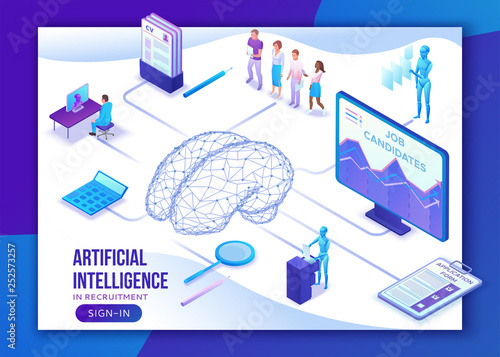 Human resources with artificial intelligence,hr recruiting agency website ui ux template with 3d employer hiring man, job interview, candidate search work, business people, isometric illustration