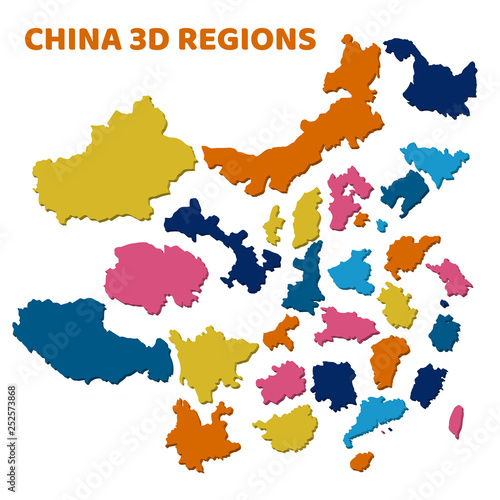 3d map of administrative division of divided China regions of different colors vector illustration
