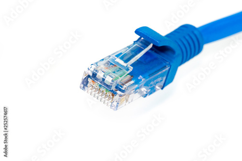 image of blue computer network ethernet cable isolated on white background.  LAN cable.