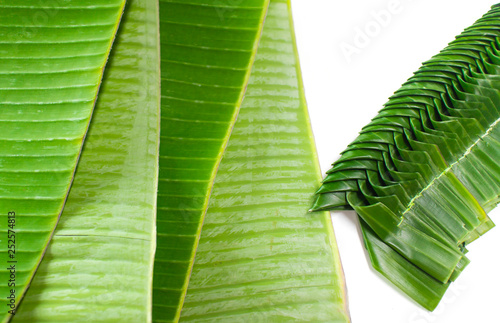 Fresh banana leaves and some of banana leaves weave preparing for  lotus shaped banana leaves vessel or Krathong, Thai culture that ask for apology from the water goddess for made river dirty