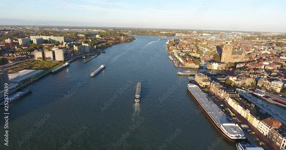 Aerial shoot of river, ship boats on river, Dordrecht, Netherlands Aerial shoot of river, ship boats on river, Dordrecht, Netherlands