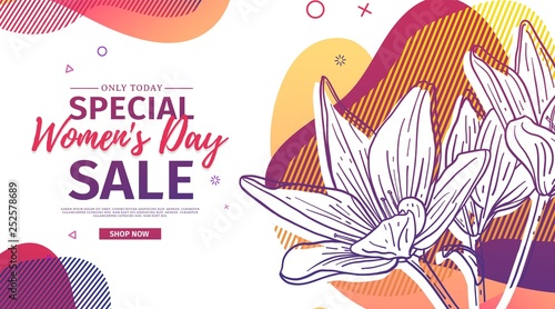 Modern Template design for 8 march event.  Promotion banner  for international women's day offer with flower decoration.  Line illustration blossom floral with abstract geometric shape sale. Vector