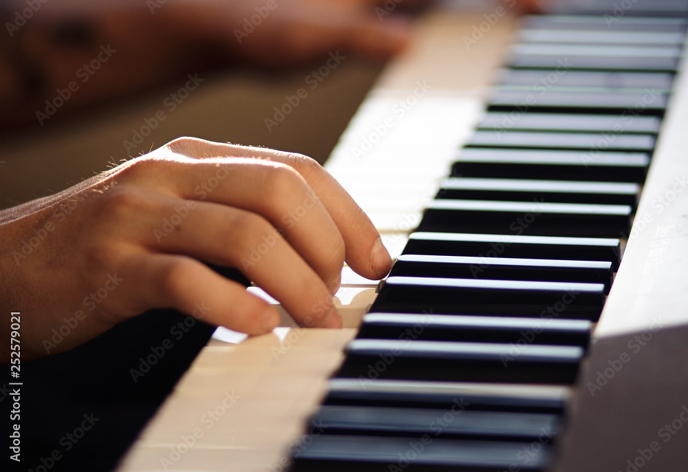 A man, pressing the keys with his fingers, beautifully plays a melody on a keyboard instrument, illuminated by the sun