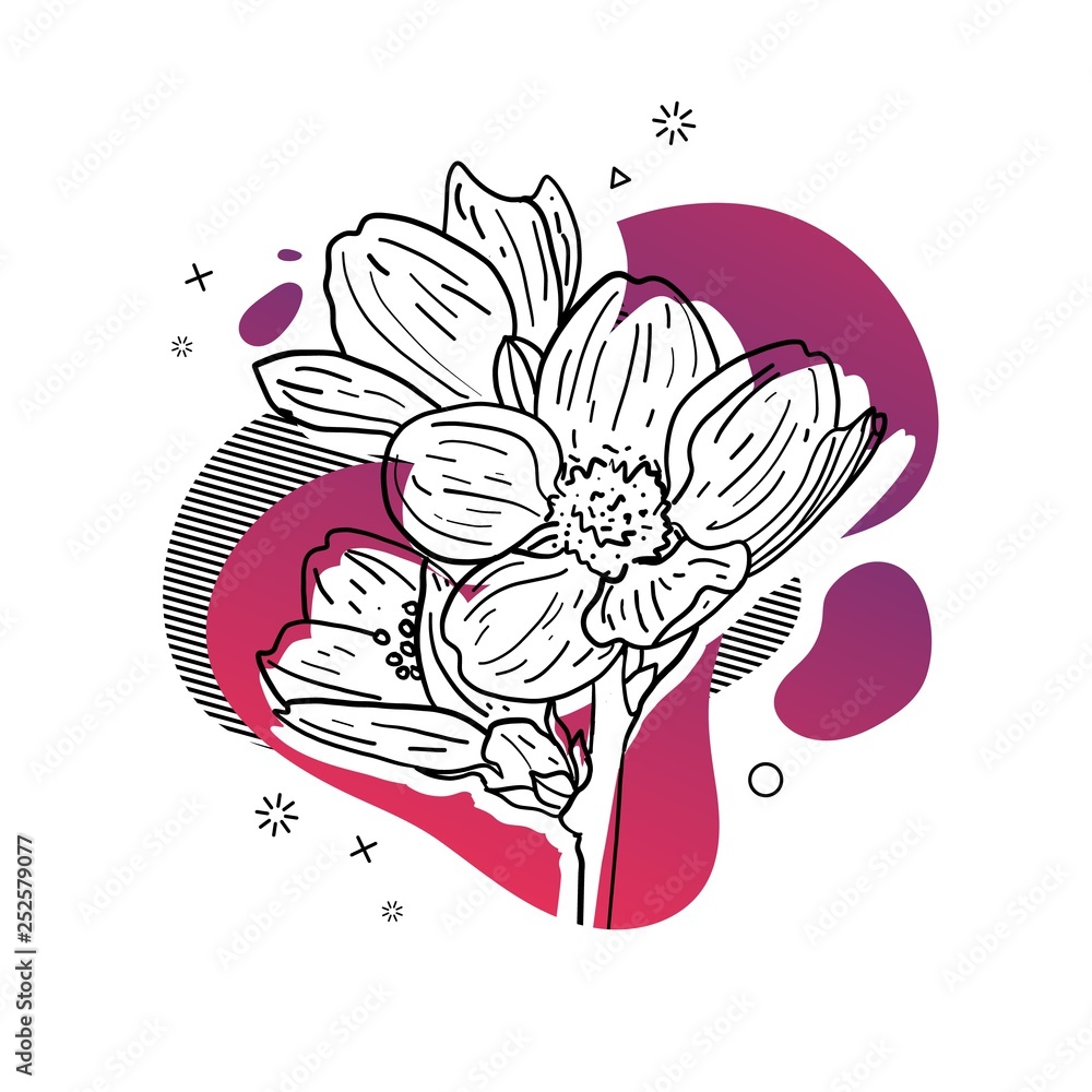 Template design print with flower line. Poster with modern abstract gradient shape with sakura blossom. Illustration for t-shirt, summer and spring banner. Vector Template design print with flower line. Poster with modern abstract gradient shape with sakura blossom. Illustration for t-shirt, summer and spring banner. Vector