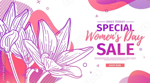 Modern Template design for 8 march event.  Promotion banner  for international women's day offer with flower decoration.  Line illustration lily blossom with abstract geometric shape for sale. Vector