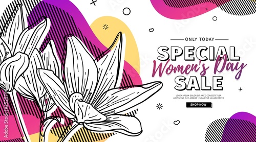 Modern Template design for 8 march event.  Promotion banner  for international women's day offer with flower decoration.  Line illustration lily blossom with abstract geometric shape for sale. Vector
