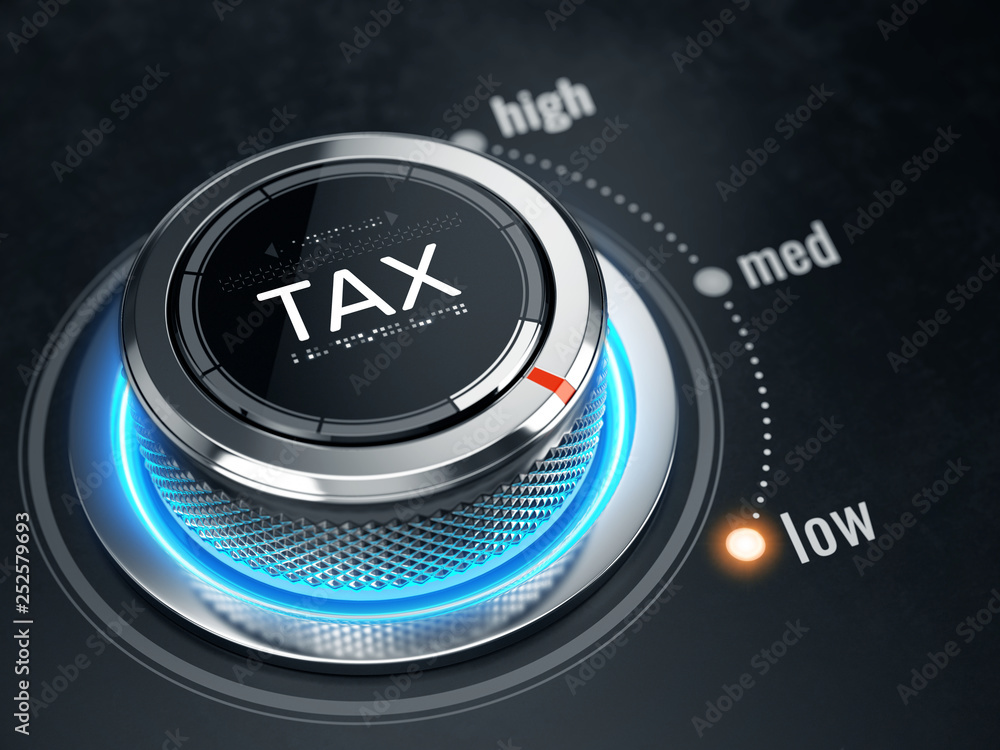 Low Tax level concept - Tax level control button on low position. 3d rendering Low Tax level concept - Tax level control button on low position. 3d rendering