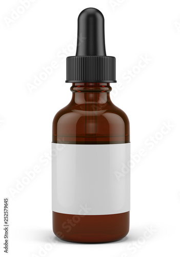 Small Dropper Bottle with a pipette and blank white label - 3d rendering mock-up template. photo