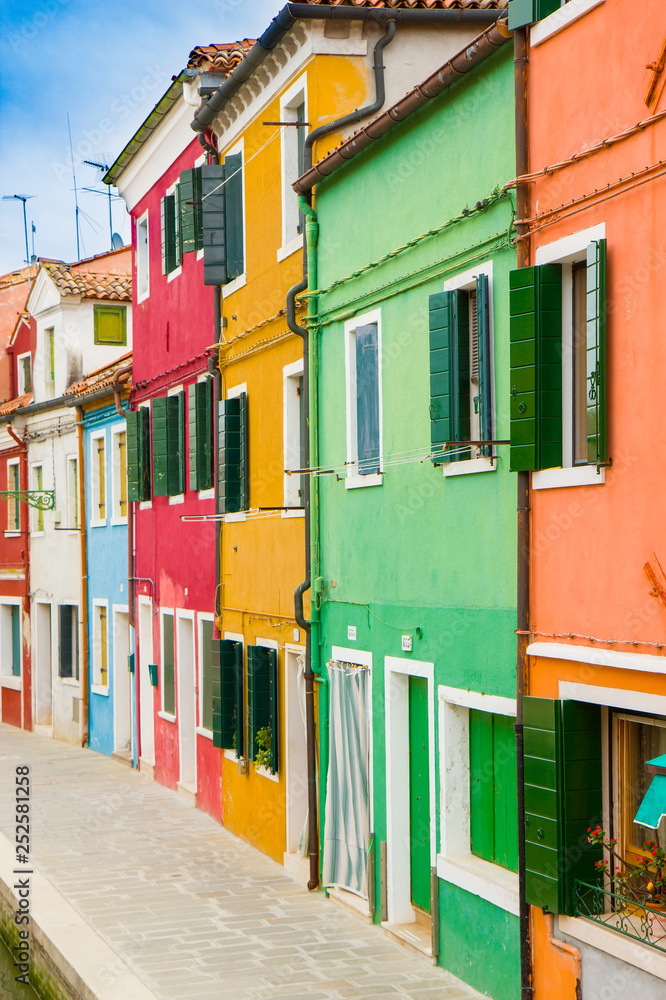 Colorful houses in Burano, an island in the Venetian Lagoon