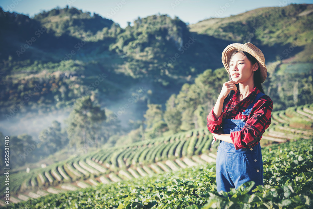 Fototapeta premium Asian women relax in the holiday. Stand photograph selfie In the Strawberry Farm. Mountain Park happily. In thailand