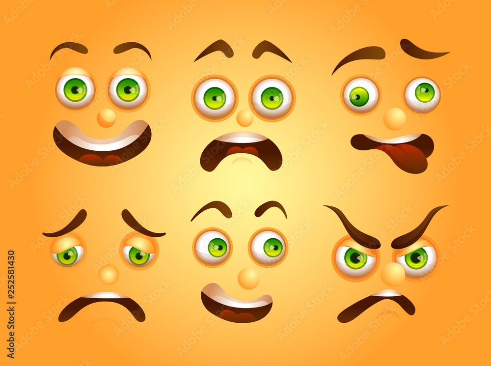 Cartoon emotions with funny faces on yellow background